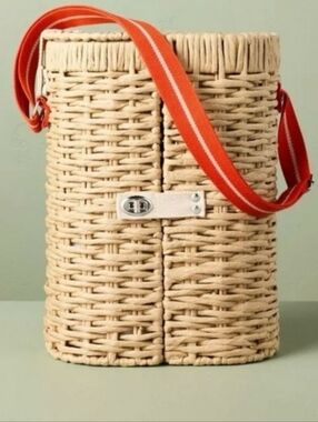 New Hearth & Hand Woven Basket Bottle & Accessory Carrier W/ Orange Strap